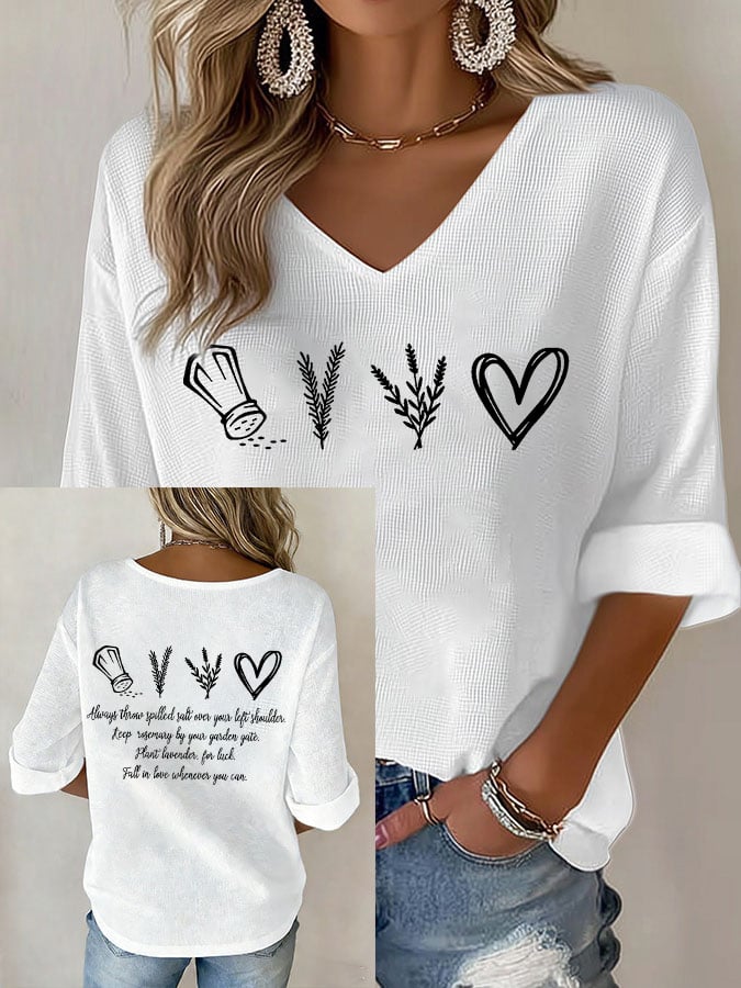 Women's Salt Rosemary Lavender Love Print V Neck Top