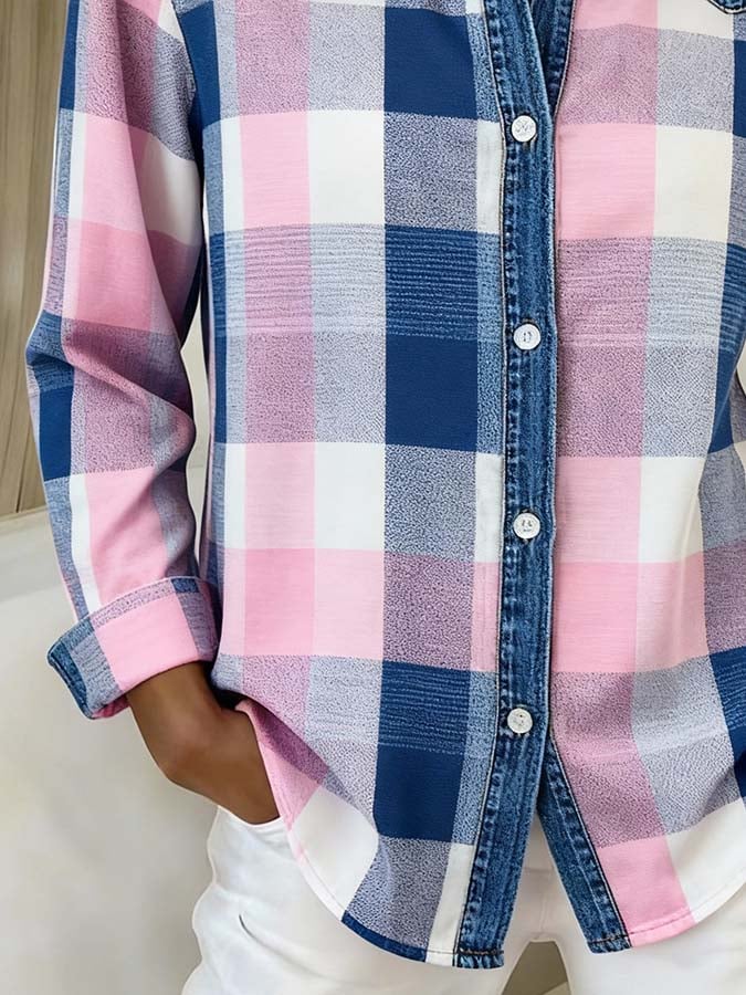 Women'S Casual Loose Contrast Color Stitching Shirt