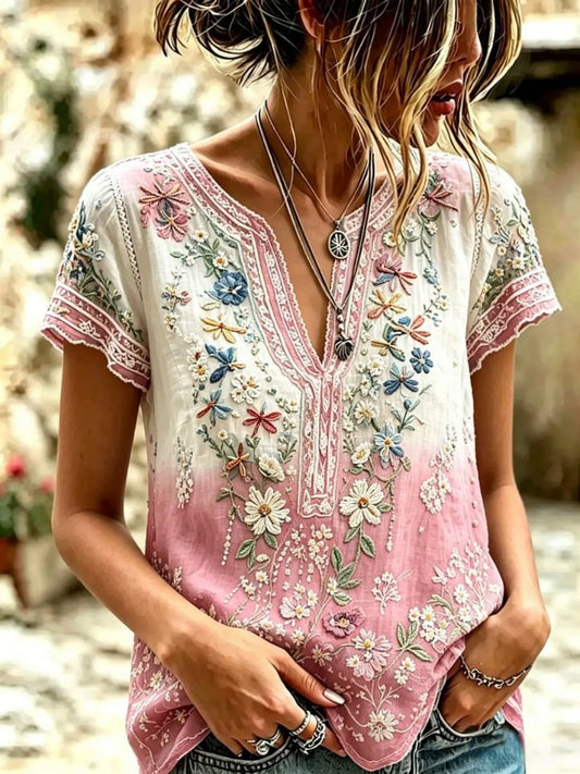 Women's Vintage Floral Textured Art Print Short-Sleeve Top