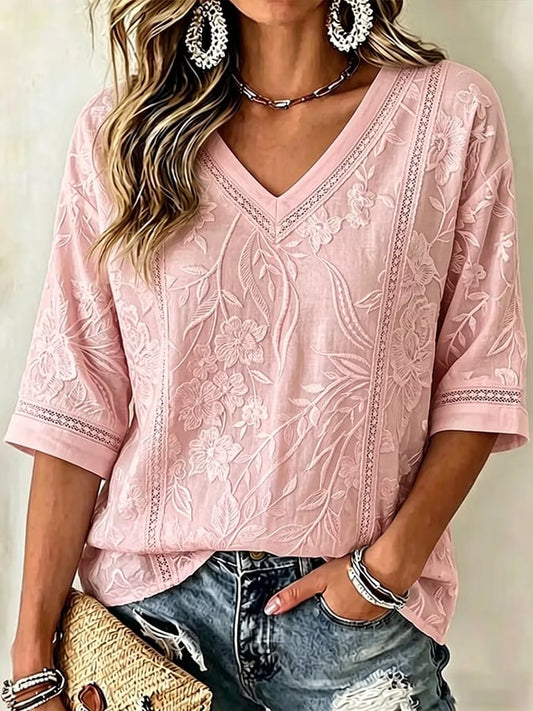 Women's Breast Cancer Breast Cancer Floral Print V-Neck Short Sleeve