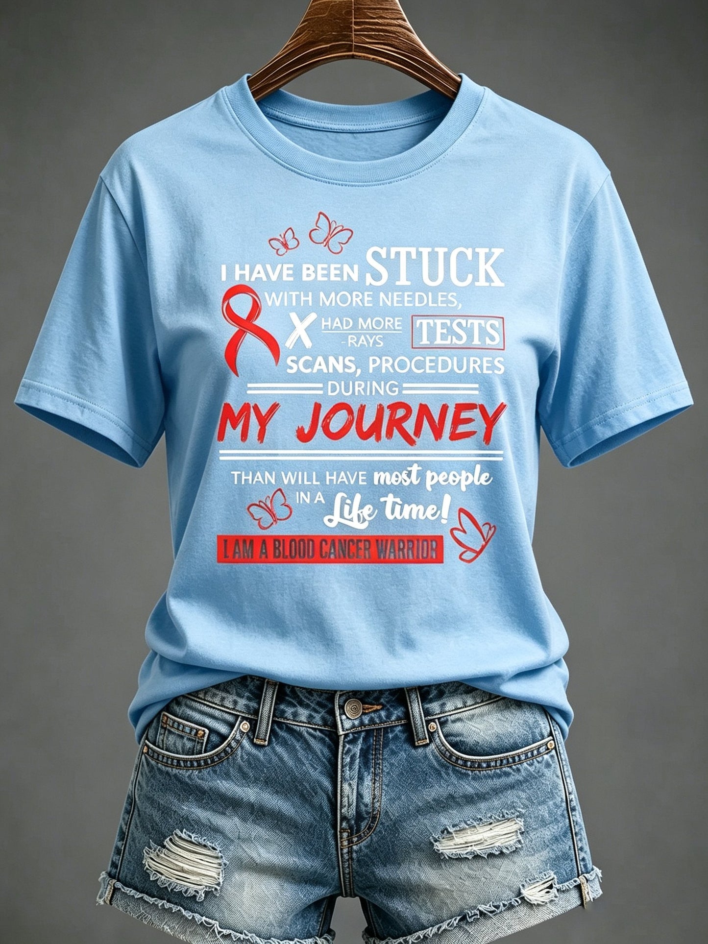 Women'S Blood Cancer Red Ribbon Health Awareness Round Neck T-Shirt
