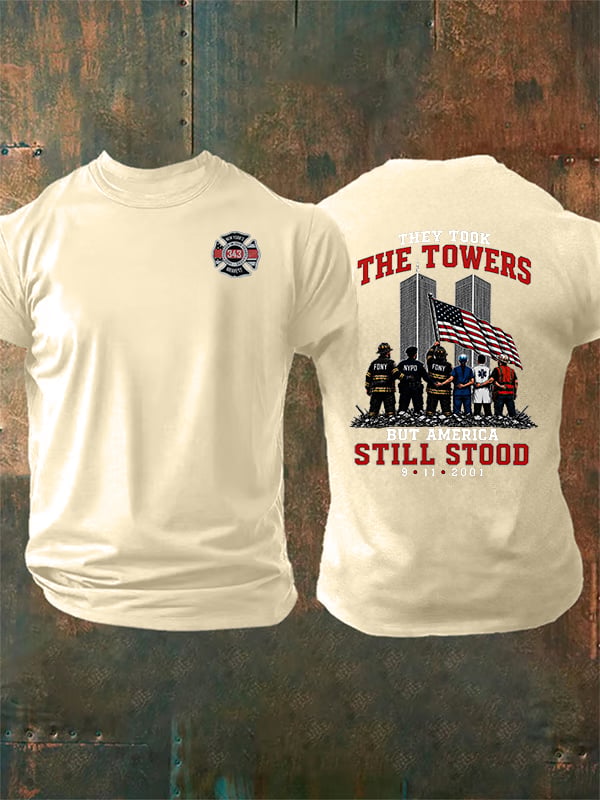 Men's BUT AMERICA STILL STOOD Print Crew-Neck T-Shirt