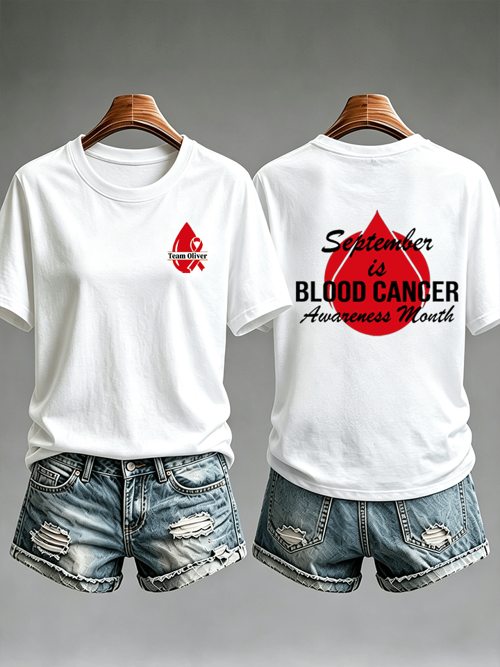 Women's T-shirts with designs promoting awareness of blood cancers