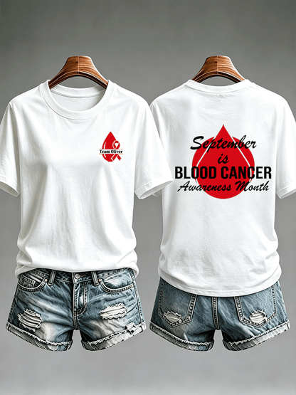 Women's T-shirts with designs promoting awareness of blood cancers