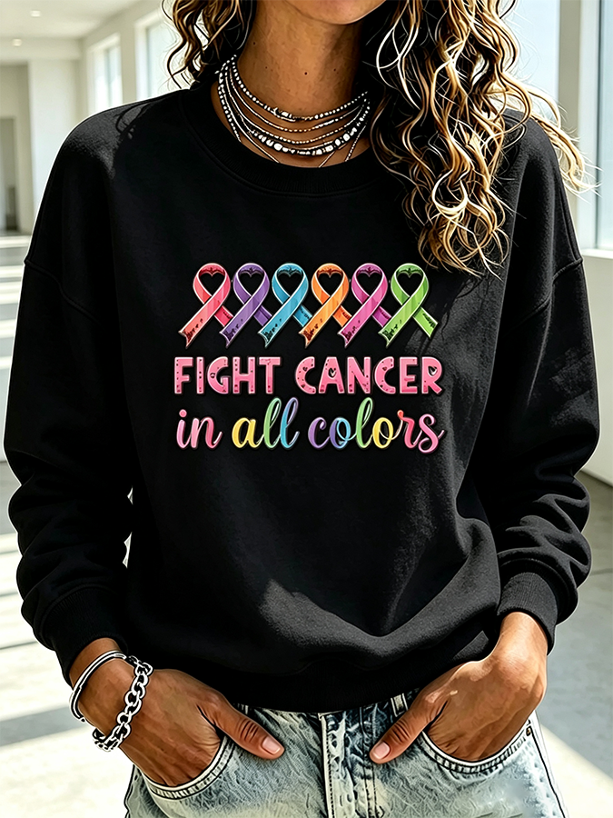 Women's Casual Cancer Promotion Month Multi Color Round Neck Top