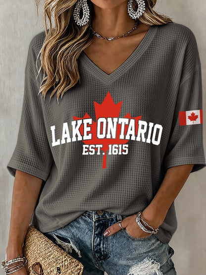 V-Neck Retro Lake Ontario Est. 1615 Canadian Lake Print T-Shirt
