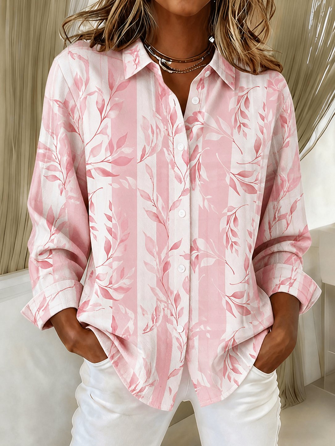 Women's Breast Cancer Awareness Pink Floral Print Casual Collared Shirt