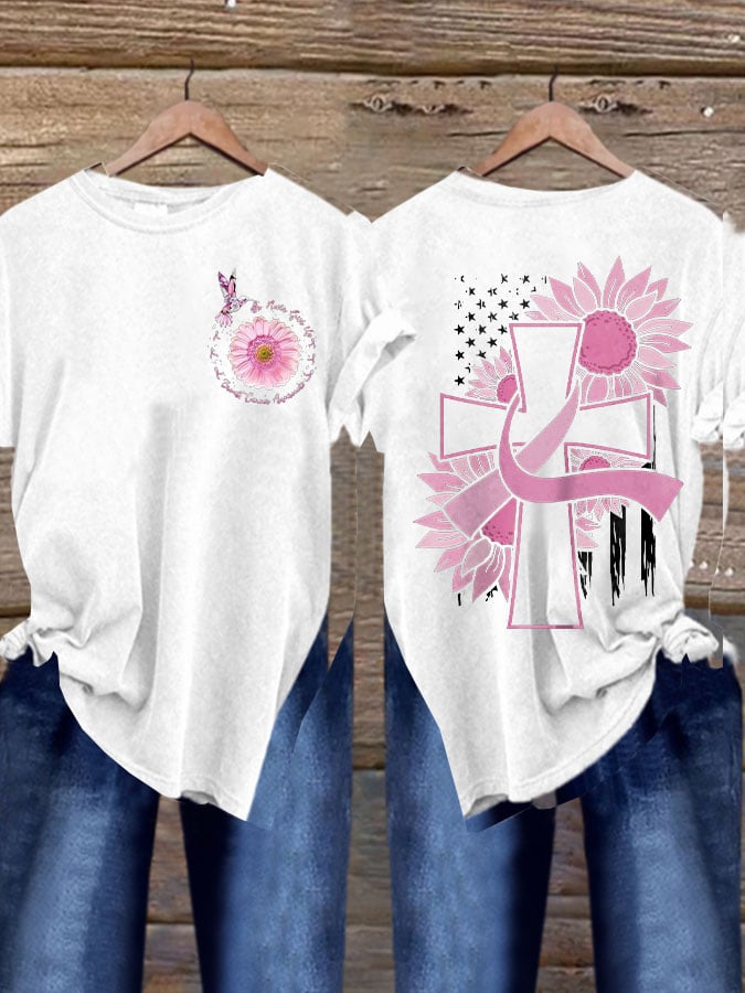 Women's Casual Breast Cancer Ribbon Cross American Flag Print Short Sleeve T-Shirt