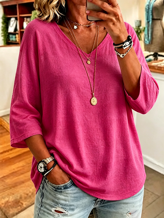 Women'S Casual V-Neck Solid Color Seven Quarter Sleeve T-Shirt