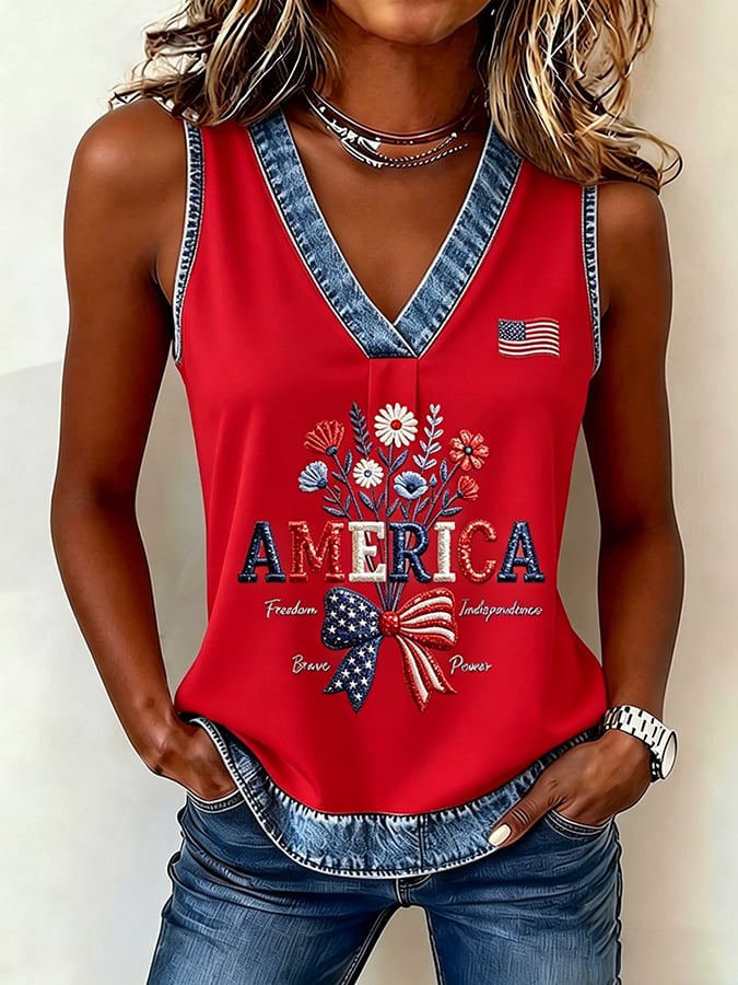 Women's 250th Anniversary Freedom Flower Art  Print Casual V-Neck Vest