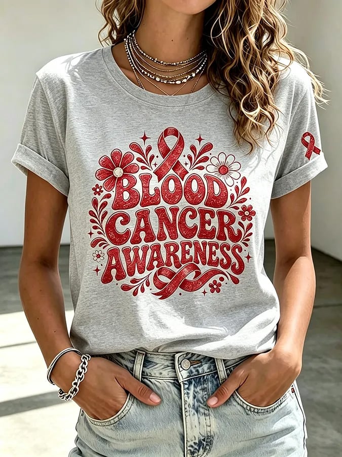 Women'S Blood Cancer Red Ribbon Health Awareness Round Neck T-Shirt