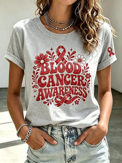 Women'S Blood Cancer Red Ribbon Health Awareness Round Neck T-Shirt