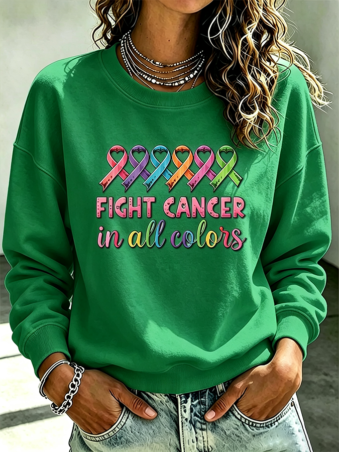 Women's Casual Cancer Promotion Month Multi Color Round Neck Top