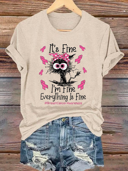 Women's Black Cat Pink Headband Breast Cancer Awareness T-shirt