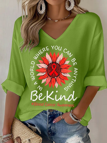 Women's Blood Cancer Red Ribbon Health Awareness Casual Printed Waffle Top