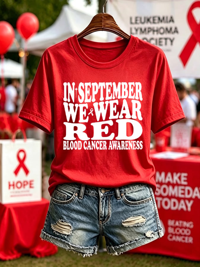 Women'S Blood Cancer Red Ribbon Health Awareness Round Neck T-Shirt