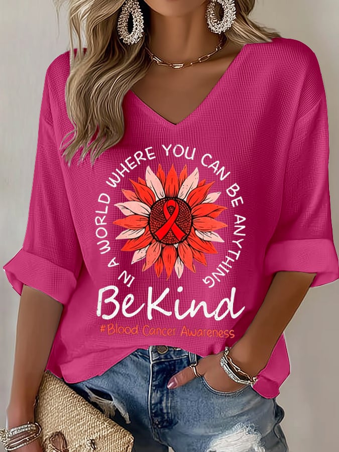 Women's Blood Cancer Red Ribbon Health Awareness Casual Printed Waffle Top