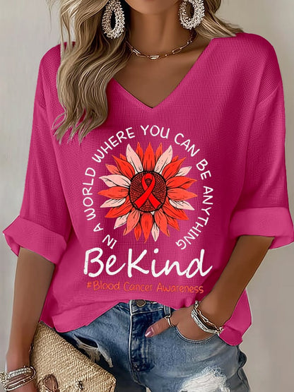 Women's Blood Cancer Red Ribbon Health Awareness Casual Printed Waffle Top