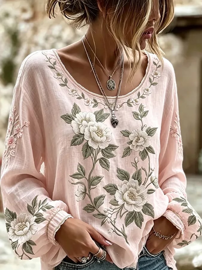 Women's  Floral Cotton-Linen Print Top