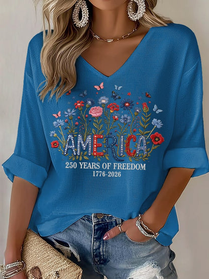 Women's casual retro 250th anniversary waffle-knit long-sleeved T-shirt
