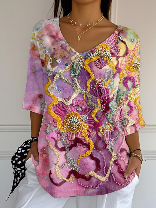 Women's Pink Floral V-Neck Print Long Top