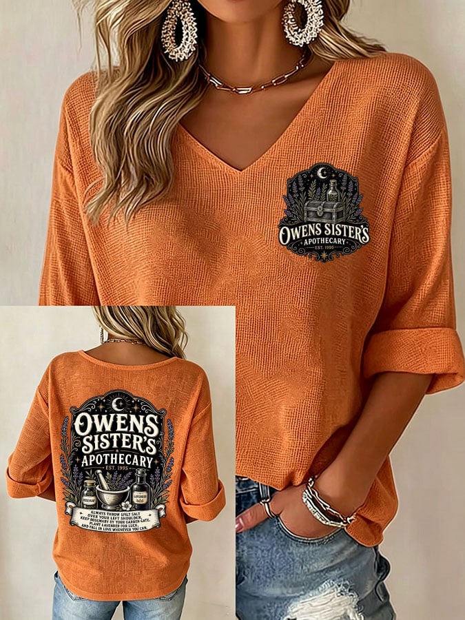 Women's Owens Sisters Apothecary Witch Print V Neck Top