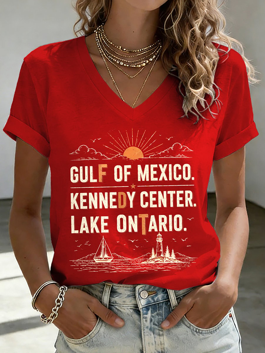 V-Neck Retro FDT Gulf Of Mexico. Kennedy Center. Lake Ontario. Print T-Shirt