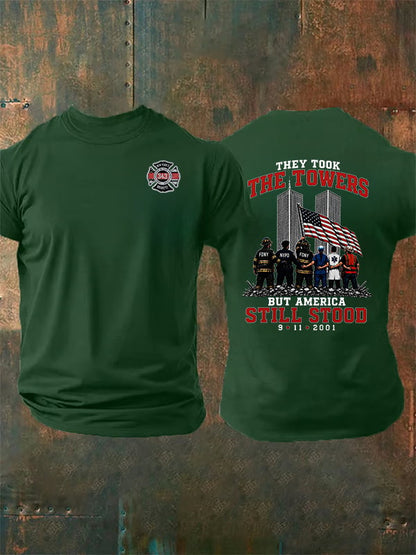 Men's BUT AMERICA STILL STOOD Print Crew-Neck T-Shirt