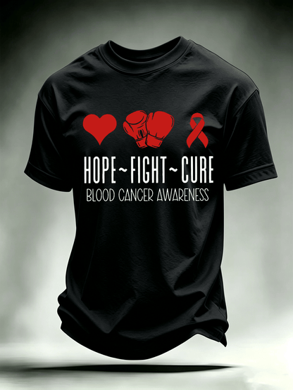 Men's T-shirts with designs promoting awareness of blood cancers