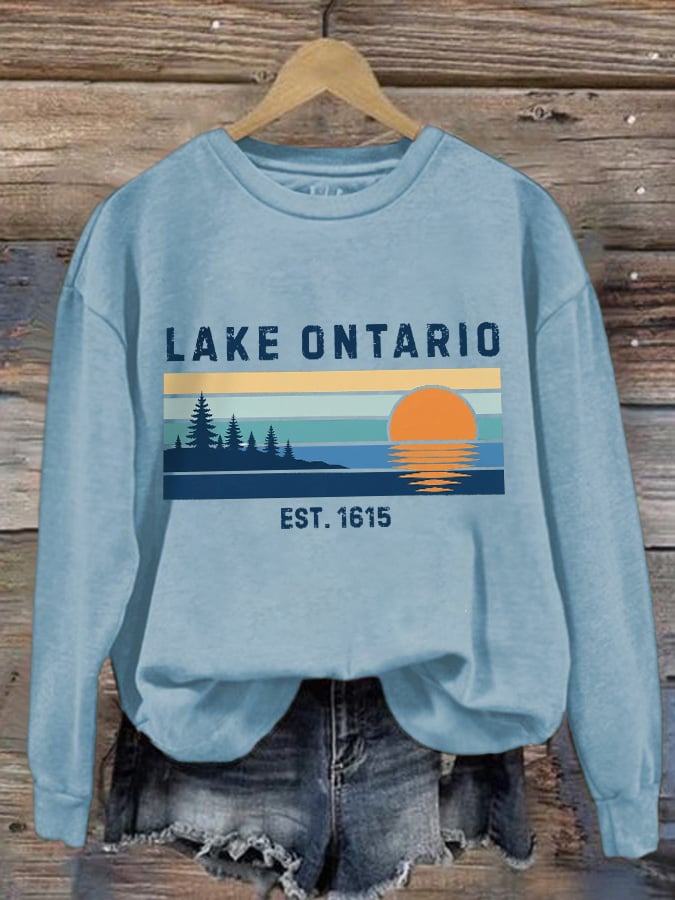 Retro Lake Ontario Est 1615 Print Sweatshirt