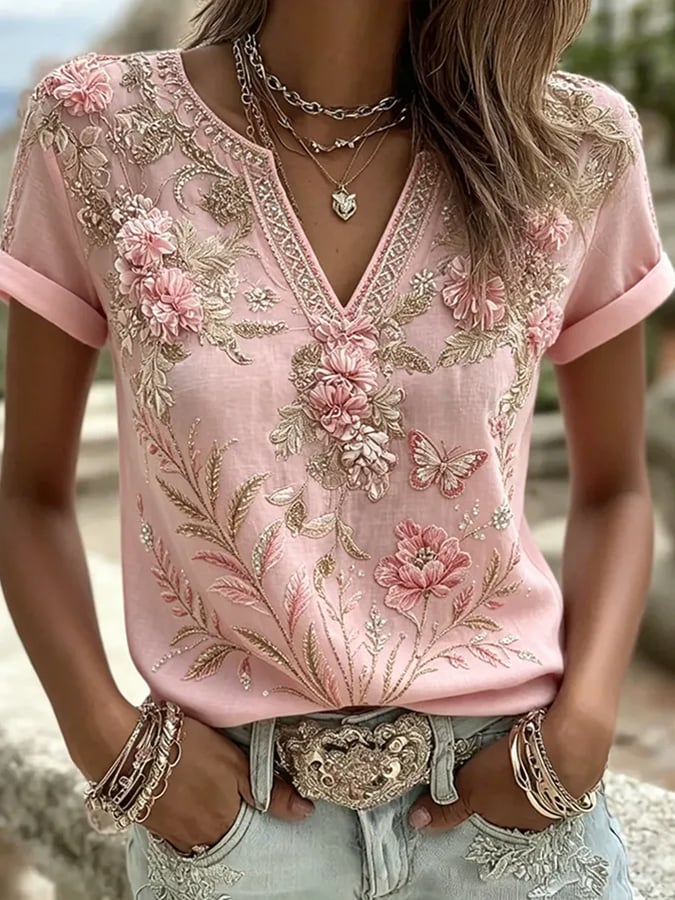 Women's  Floral Cotton-Linen Print Top