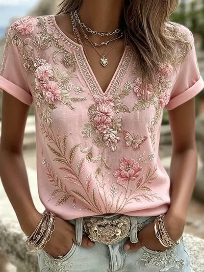 Women's  Floral Cotton-Linen Print Top