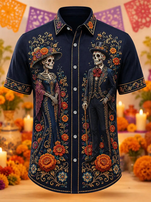 Men's Day Of The Dead Elegant Skeleton Couple And Lush Marigold Blooms Print Short Sleeve Buttons Shirt
