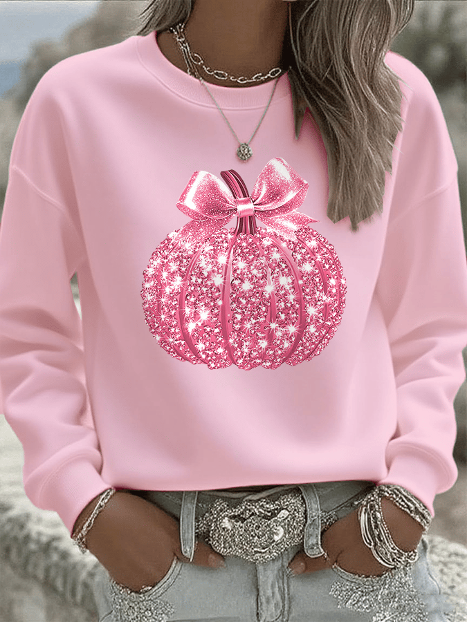 Women's Breast Cancer Sequin Pumpkin Print Crew Neck Sweatshirt