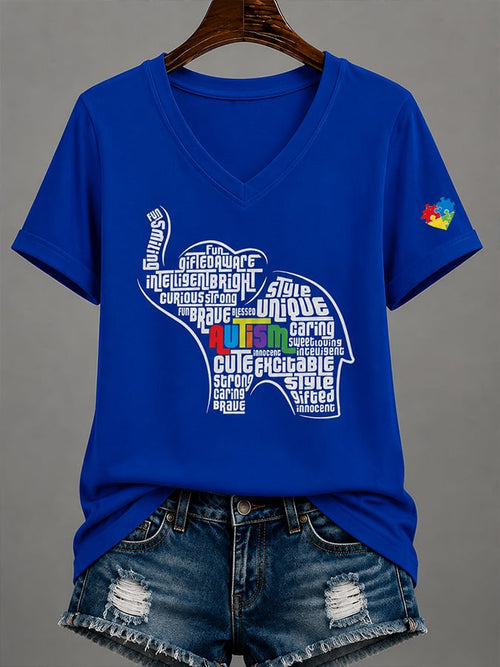 Women'S Casual V-Neck Top With Autism Awareness Print