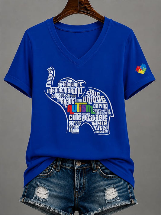 Women'S Casual V-Neck Top With Autism Awareness Print