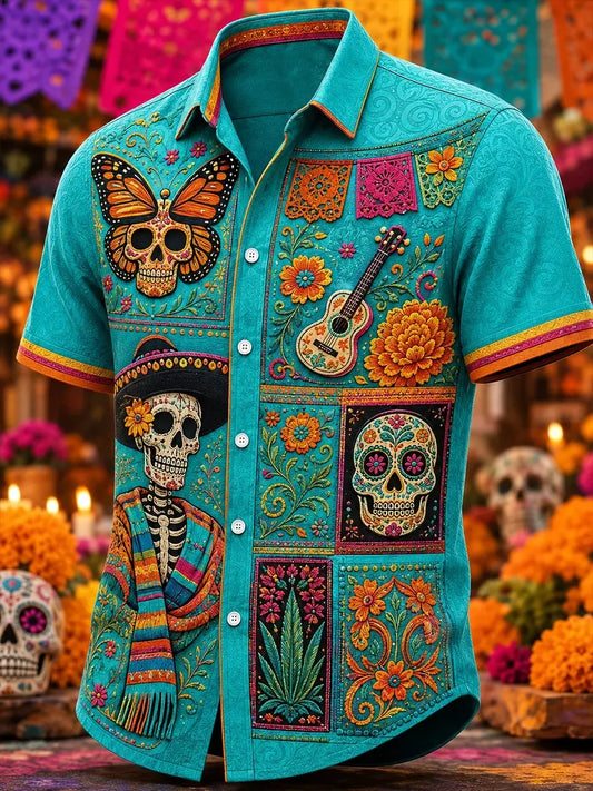 Men's Day Of The Dead Multi‐Calavera Skull Patchwork Butterfly Guitar Bloom Print Short Sleeve Buttons Shirt