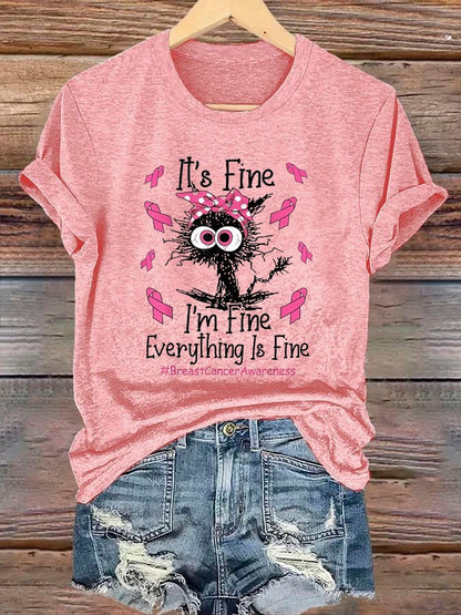 Women's Black Cat Pink Headband Breast Cancer Awareness T-shirt