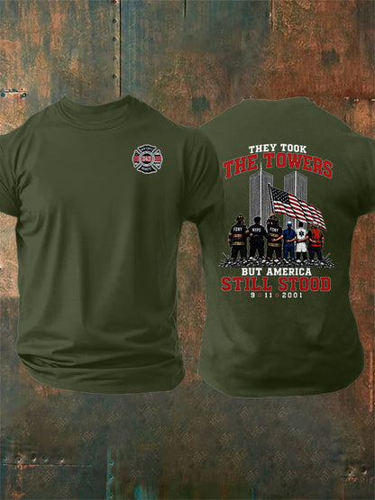 Men's BUT AMERICA STILL STOOD Print Crew-Neck T-Shirt