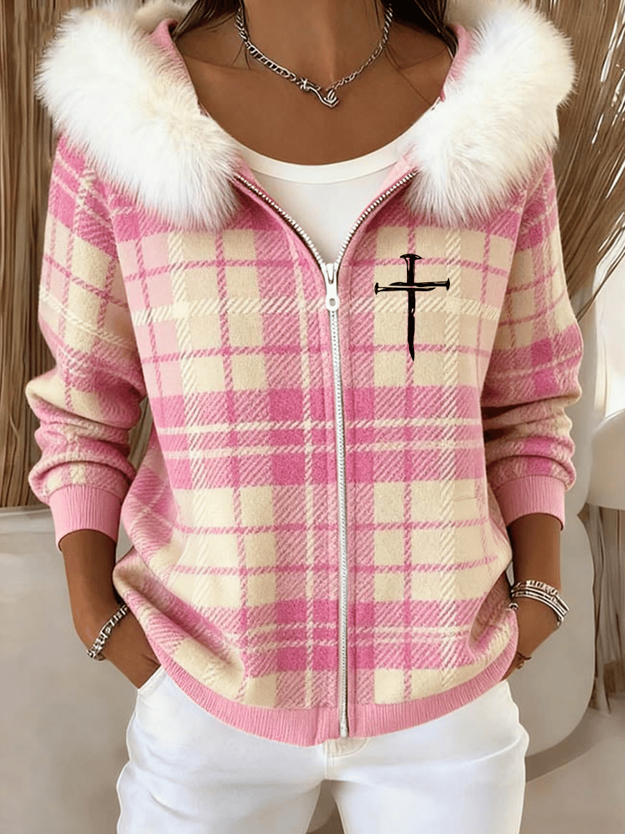 Women's Retro Plaid Cross Print Plush Zipper Casual Hooded Sweatshirt
