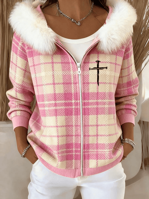 Women's Retro Plaid Cross Print Plush Zipper Casual Hooded Sweatshirt
