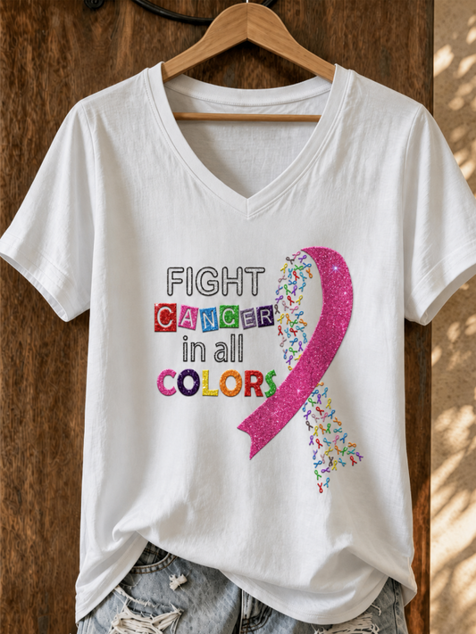 Women'S Cancer Awareness Main Pattern Printed V-Neck T-Shirt