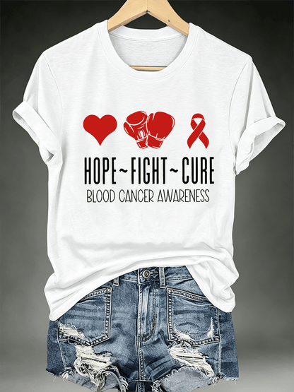 Women's T-shirts with designs promoting awareness of blood cancers