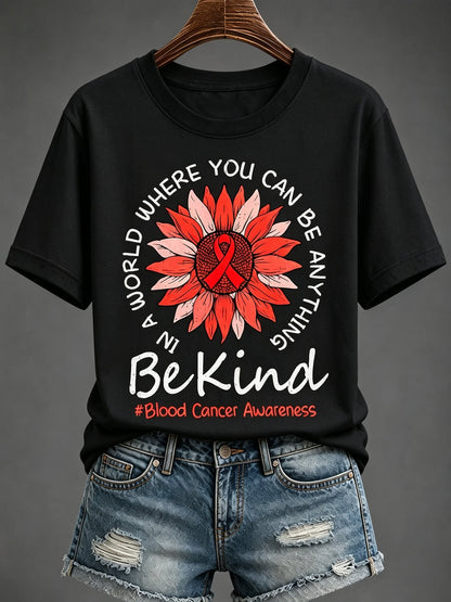 Women'S Blood Cancer Red Ribbon Health Awareness Round Neck T-Shirt