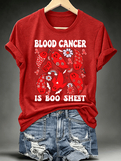 Women's Blood Cancer Awareness Red Ribbon Cute Ghosts Halloween Support Artwork T-Shirt