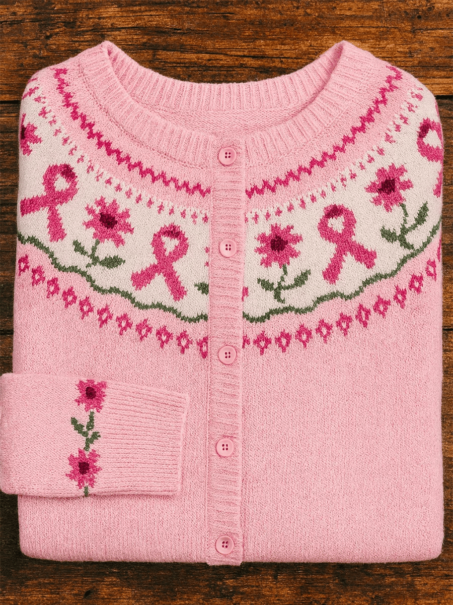 Women's Breast Cancer Pink Flowers Knit Cardigan