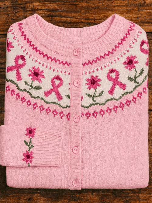 Women's Breast Cancer Pink Flowers Knit Cardigan
