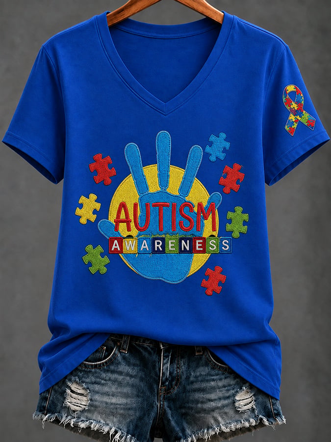 Women'S Casual V-Neck Top With Autism Awareness Print
