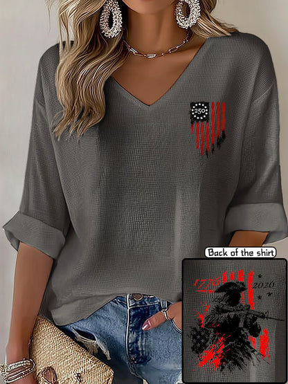 V-Neck 250th Anniversary Distressed American Flag 2-sided Print T-Shirt