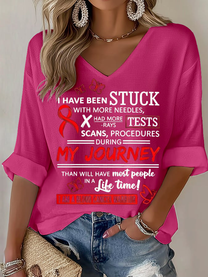 Women's Blood Cancer Red Ribbon Health Awareness Casual Printed Waffle Top